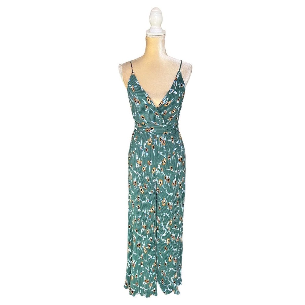 ASTR The Label Plisse Floral Jumpsuit Size Xs Extra Small Green Wide Leg